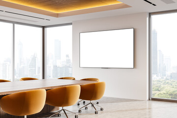 Office conference room with a blank display and modern furniture. 3D Rendering