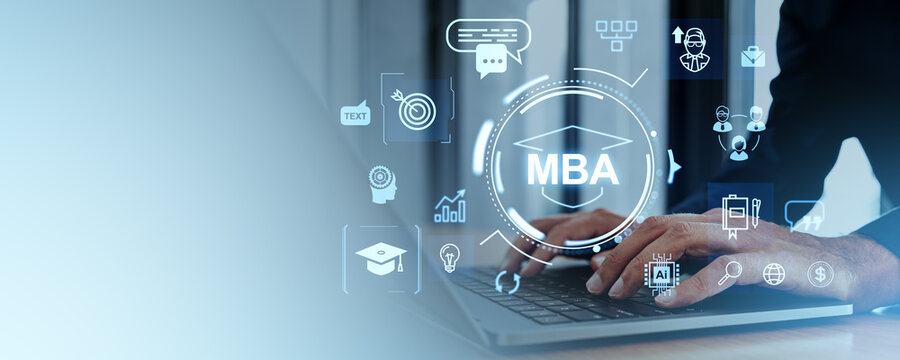 Man typing in laptop MBA glowing virtual icons hud, financial education