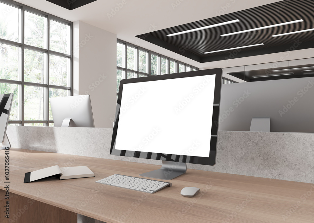 Poster modern office workspace with computer and notebook. 3d rendering