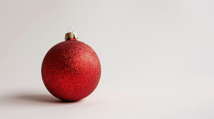 vibrant red Christmas ornament glistens with sparkles against clean, white background, evoking festive and joyful atmosphere