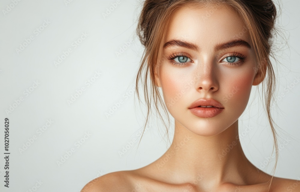 Wall mural Close up portrait of a young woman with natural makeup looking at the camera.