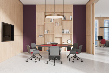 Wooden office interior with meeting table and coworking zone, panoramic window