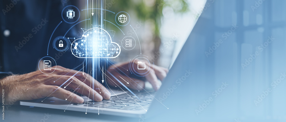 Poster man hands typing in laptop, glowing cloud and data security. copy space