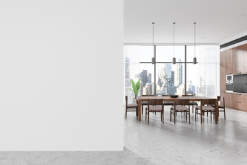 Modern dining area with empty wall space for mockup. 3D Rendering