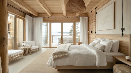 A luxury cottage bedroom with light-colored wood furnishings and a Scandinavian-style design.