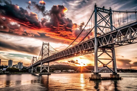 Surreal Sunset Over Hercilio Luz Bridge in Florianopolis, Santa Catarina, Brazil