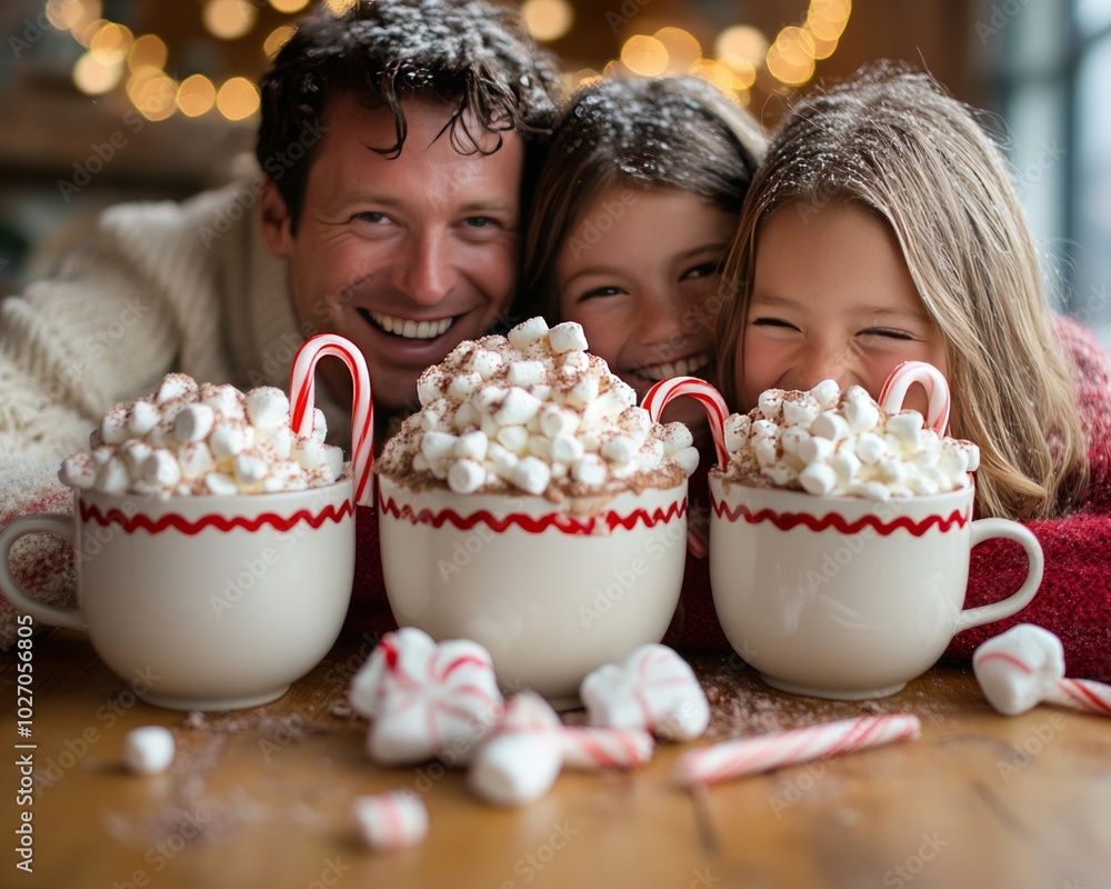 Sticker A father and his two daughters enjoy hot chocolate with marshmallows and candy canes.