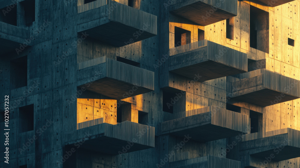 Poster brutalist apartment complex showcasing repeating patterns and textures, illuminated by warm sunlight