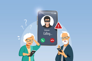 Cyber crime, phone crime calling. Unknown scammer calling senior man and woman to lure and steal money from bank account. Cyber security awareness. Vector.