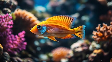 Obraz premium A vibrant orange and blue fish swims past pink coral in a clear blue aquarium.