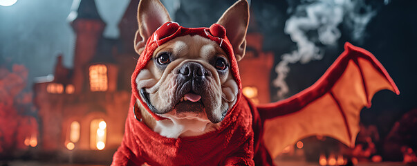 Fototapeta premium Bulldog in a dragon costume standing in front of a spooky castle, dragon dog, fantastical Halloween pet