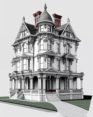 a Victorian style mansion with elaborate detailing on plain white background