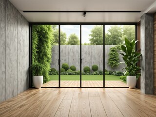 Modern empty room with open door to garden 3d render. The Room. have concrete and wooden plank wall, parquet floor, plants, panoramic window.