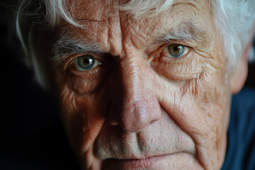 Elderly man with striking blue eyes gazing thoughtfully at the camera