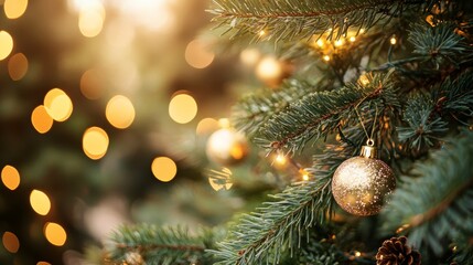 Close-up of a decorated Christmas tree with golden ornaments and string lights, with bokeh of warm light in the background.