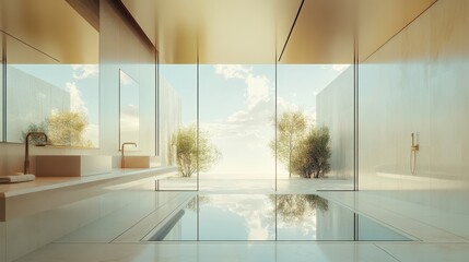 A serene bathroom interior with glass walls, sleek fixtures, and windows framing the sky.