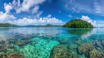 Fototapeta premium stunning panoramic view of tropical paradise featuring crystal clear turquoise waters, vibrant coral reefs, and lush green islands under bright blue sky. serene landscape invites relaxation and