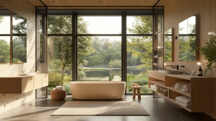 A spa-like bathroom with an open layout, warm wood accents, and big windows overlooking nature.