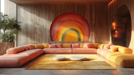 Minimalist design with vibrant sofas, glossy brown flooring, a soft yellow rug, and rainbow wall art on wood-paneled walls.