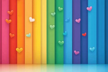 Vibrant rainbow background featuring colorful stripes and playful hearts, perfect for themes of love and joy.