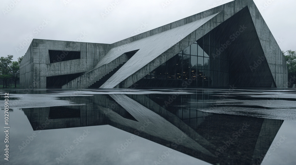Poster modern brutalist public library featuring geometric shapes and striking concrete facade, reflecting 