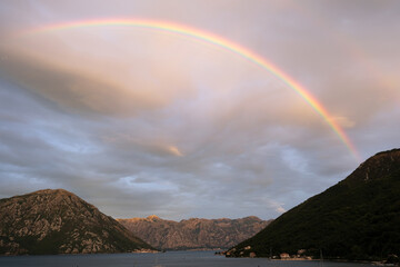 Rainbow during rain in the Bay of Kotor