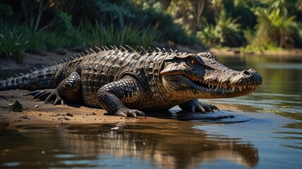 A crocodile basks in the warm sun on the riverbank. Its scaly skin glistens, and its powerful jaws reveal a series of sharp teeth.