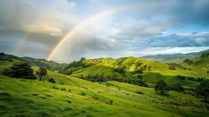 stunning landscape featuring rolling green hills under vibrant rainbow, with dramatic sky filled with clouds. scene evokes sense of tranquility and natural beauty