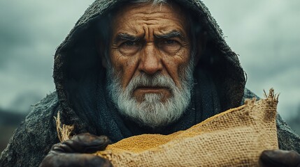A weathered, elderly man with a long white beard stares intensely at the camera, clutching a burlap sack in his gloved hands. 