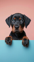 Fototapeta premium Adorable Doberman Puppy Peeking Over Blank Billboard on Soft Pastel Background