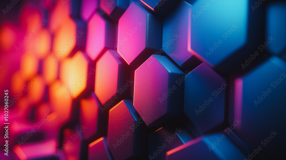 Poster a colorful image of hexagonal shapes in various shades of blue and pink. the image has a vibrant and