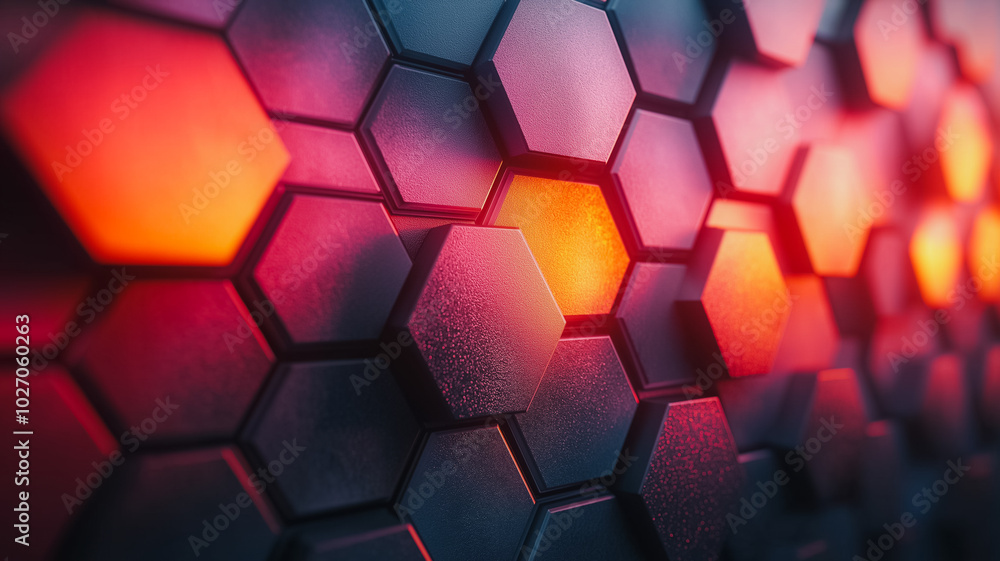 Poster a colorful hexagonal pattern with a mix of red, orange, and black colors. the pattern is made up of 
