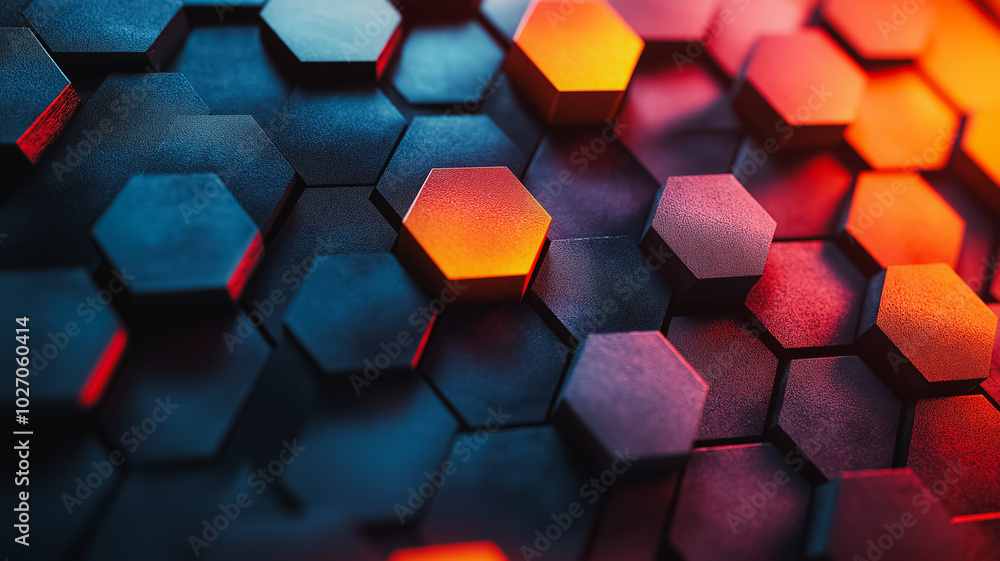 Poster a close up of a colorful hexagonal pattern. the colors are blue, red, and yellow. the pattern is mad