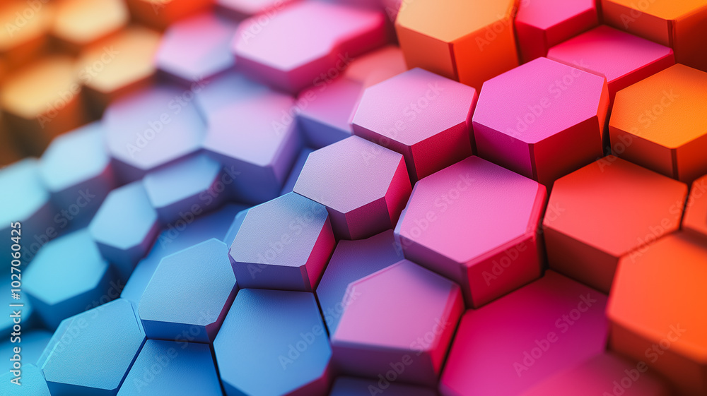 Poster a colorful image of hexagonal shapes in various colors. the image has a vibrant and playful mood, wi