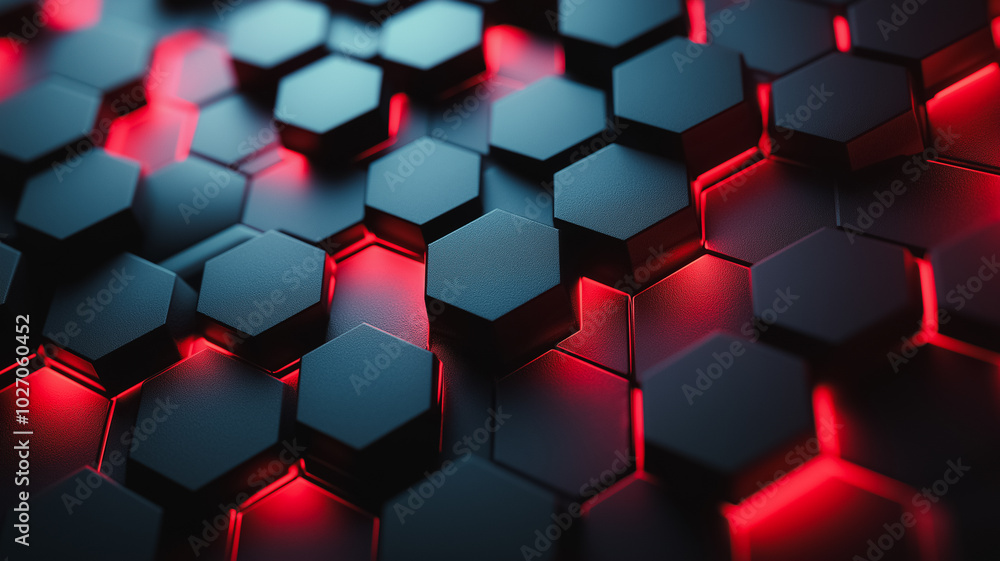 Poster a close up of a black and red hexagonal pattern. the red and black colors create a bold and striking
