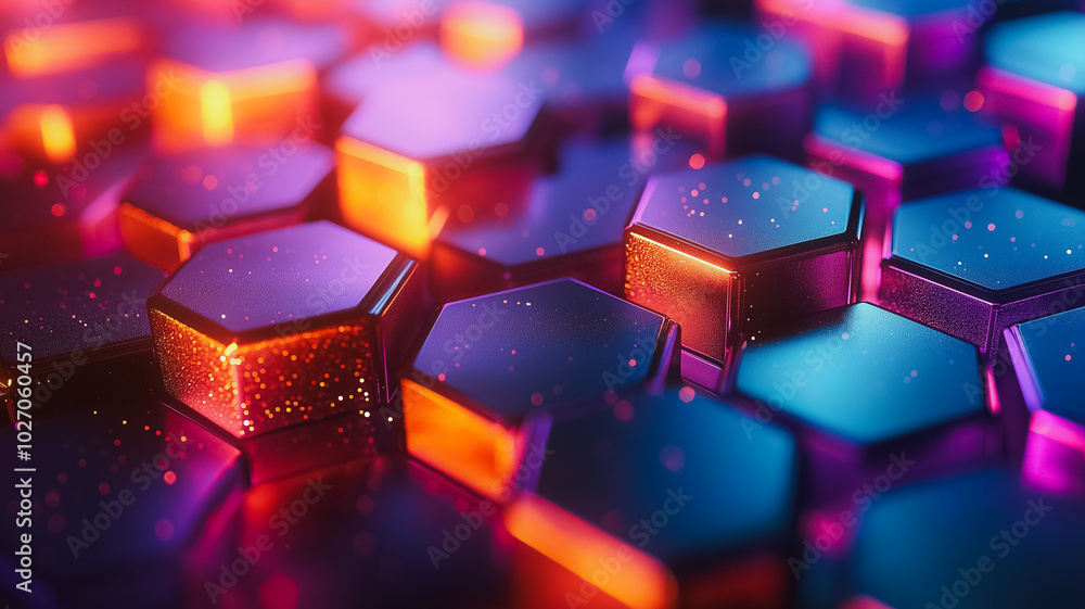 Poster a colorful image of hexagonal shapes with a metallic sheen. the colors are bright and vibrant, givin