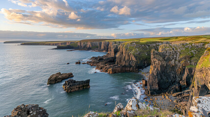 Breathtaking coastal cliffs rise dramatically above tranquil sea, showcasing stunning landscape of rugged rock formations and lush greenery under vibrant sky