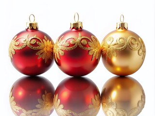 Obraz premium Three Red and Golden Christmas Balls Hanging on a White Background for Holiday Decor and Seasonal Themes