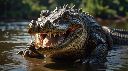 Fototapeta premium A crocodile basks in the warm sun on the riverbank. Its scaly skin glistens, and its powerful jaws reveal a series of sharp teeth.