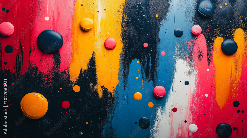 Poster a colorful painting with many dots and splatters of paint. the painting is abstract and has a lot of