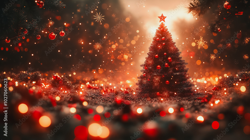 Poster a christmas tree with many red ornaments is lit up in a dark background. the tree is surrounded by a
