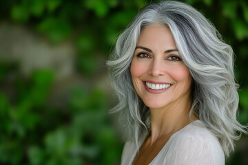 Naklejka premium Smiling woman with long gray hair posing outdoors in natural light