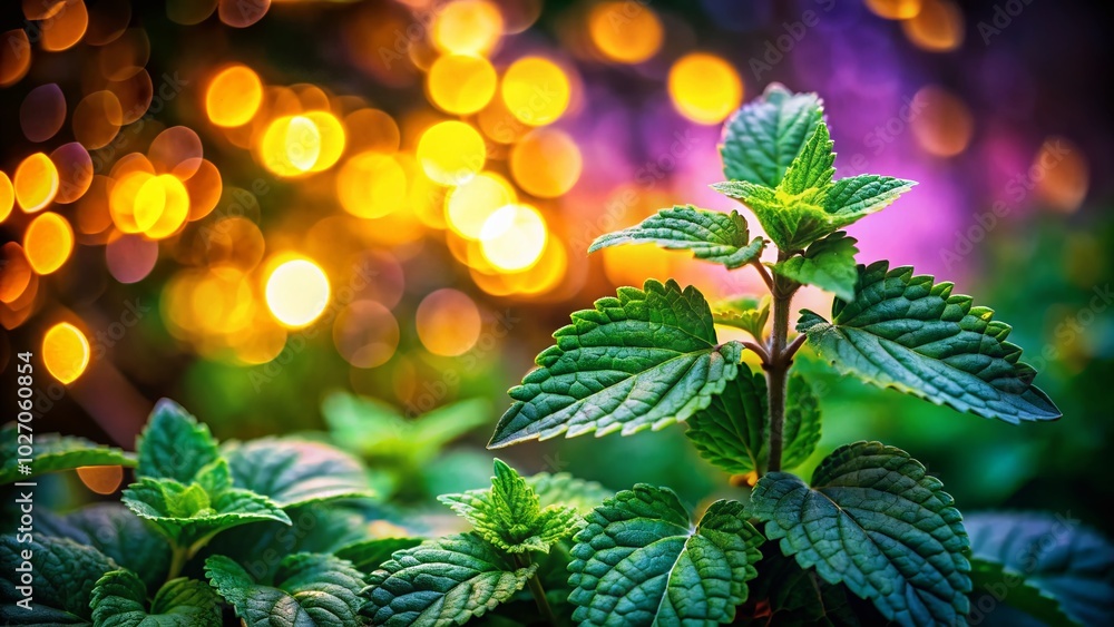 Poster Tilt-shift captures a vibrant patchouli sprig nestled within a delicate miniature garden, creating an enchanting scene that blurs reality and