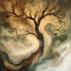 An abstract painting of swirling coffee steam forming tree with intricate branches and earthy tones. artwork evokes sense of calm and introspection