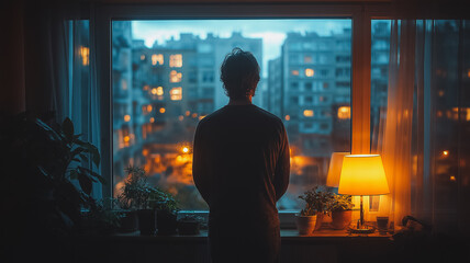 A man is standing in front of a window looking out at the city. The room is dimly lit, and the man is wearing a black shirt. Concept of loneliness and isolation