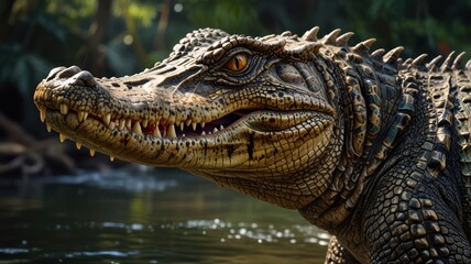 Fototapeta premium A crocodile basks in the warm sun on the riverbank. Its scaly skin glistens, and its powerful jaws reveal a series of sharp teeth.