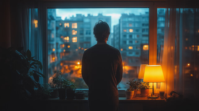A man is standing in front of a window looking out at the city. The room is dimly lit, and the man is wearing a black shirt. Concept of loneliness and isolation