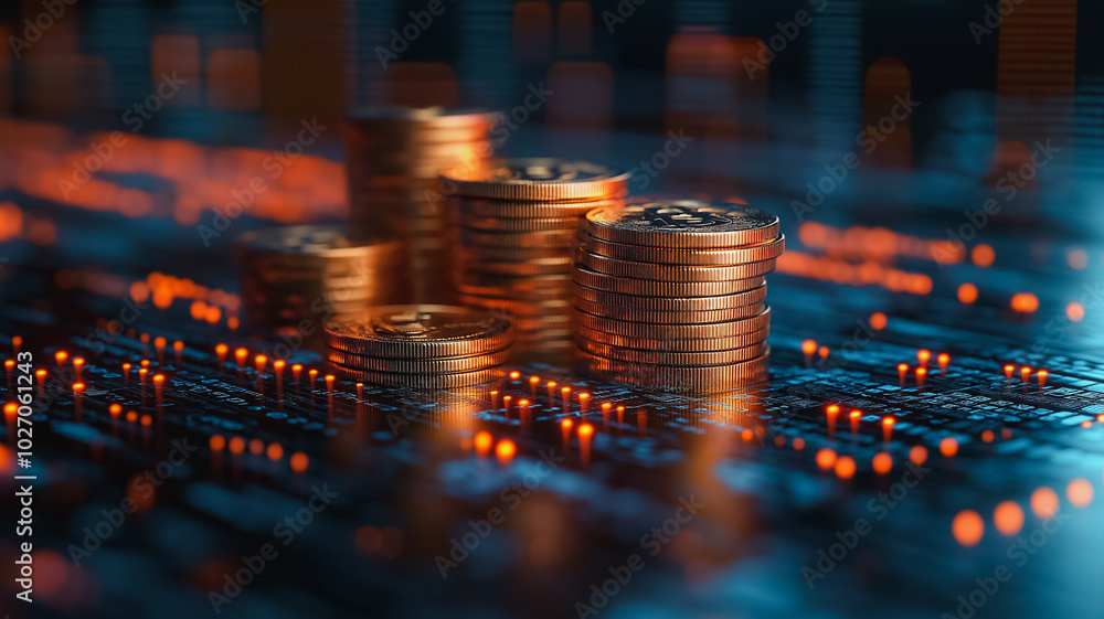 Aufkleber a stack of gold coins on a computer screen. the coins are arranged in a pyramid shape, with the top 