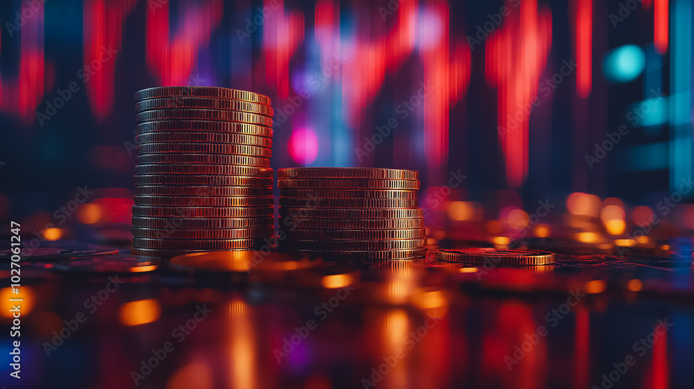 Poster a pile of coins on a table with a red background. the coins are stacked on top of each other