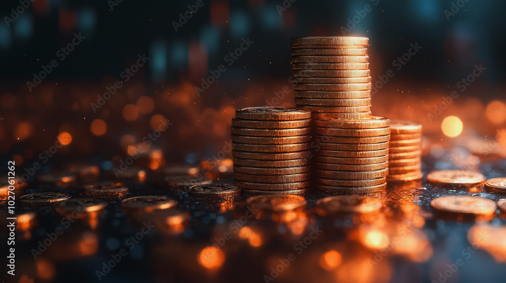 Poster a pile of gold coins on a table. the coins are stacked on top of each other, creating a sense of wea
